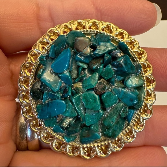 Chrysocolla Gemstone Cluster Pieces Gold Tone Brooch Pin Vintage - Picture 3 of 6